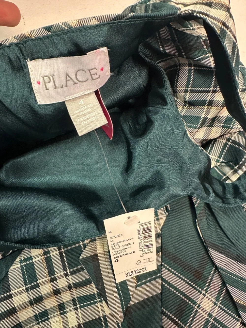 Children's Place Girl Green Plaid Bow-Accent Sleeveless Dress. Sz Girl 4. - Picture 4 of 7